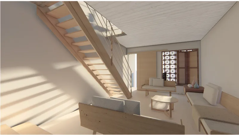 Open-tread timber staircase under skylight casting diagonal shadows across white walls and pale wood furnishings