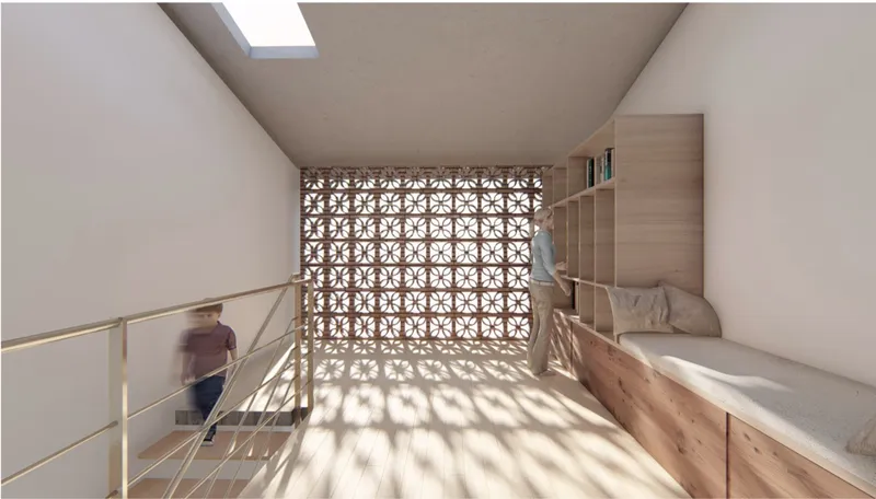 Patterned breeze block screen wall casting dappled sunlight across landing with timber built-in seating and shelving