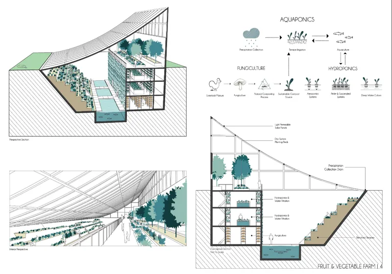 Axonometric and section drawings depicting aquaponics and hydroponics systems within a terraced structure