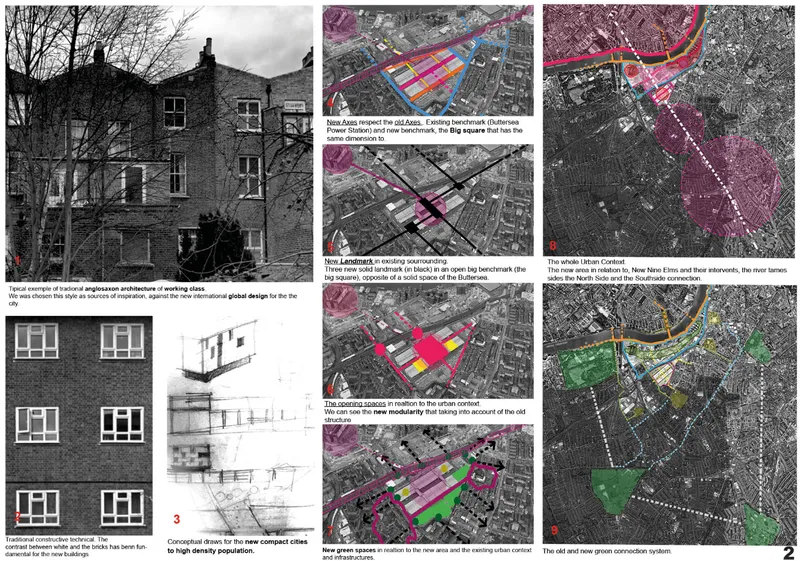 Aerial plan diagrams showing colorful site interventions overlaid on black and white urban fabric