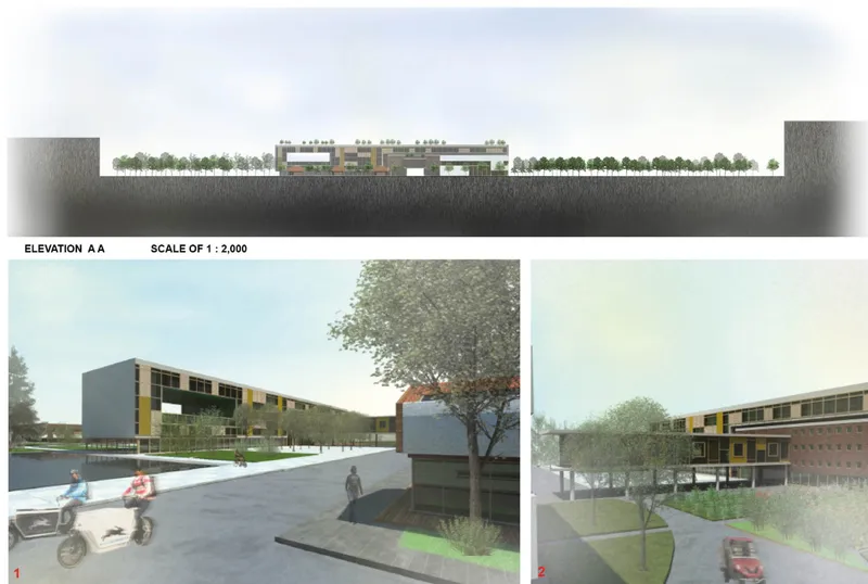 Elevation drawing and renderings showing a linear complex with rooftop planting and trees along the street