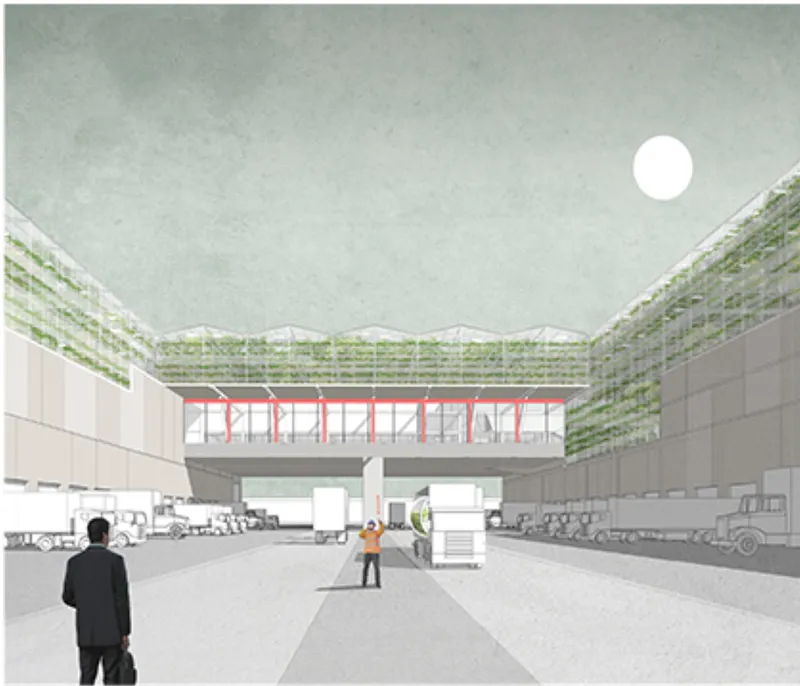 Rendering of an elevated bridge connecting green-clad buildings over a loading yard with trucks and workers