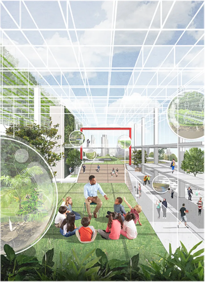 Interior view of a glazed atrium with terraced gardens and children seated on a grass lawn