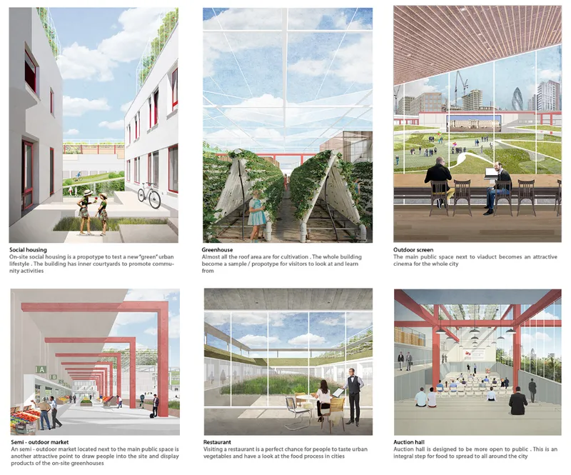 Six perspective renderings showing various interior spaces including courtyard, greenhouse, cafe, market, restaurant, and auction hall