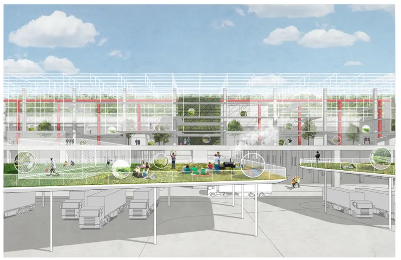 Section rendering showing greenhouse roof, tiered gardens with people, and underground loading dock with trucks