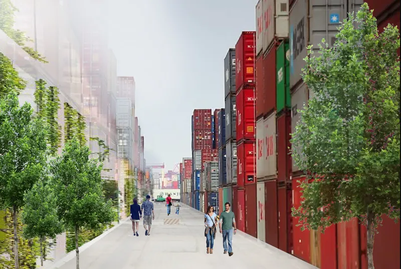 Street view of stacked shipping container volumes with pedestrians walking beneath a row of trees