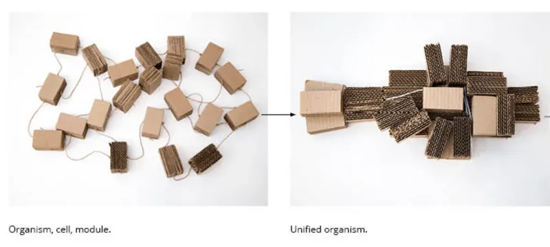 Physical model showing cardboard modules arranged as scattered units and then assembled into a clustered form