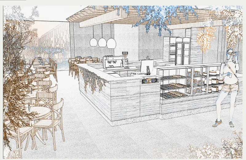 Interior perspective sketch of a cafe counter with pendant lights, timber shelving, seating, and hanging plants