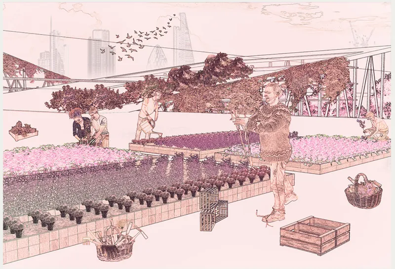 Sketch of rooftop garden beds with figures tending crops, a flock of birds overhead and distant towers