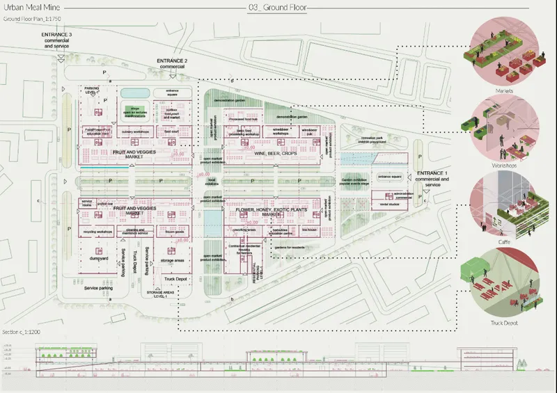 Ground floor plan drawing with section elevations below and axonometric detail drawings showing market and wine pools