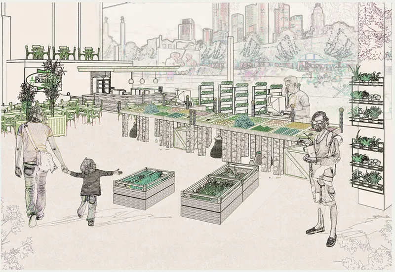 Perspective sketch of an interior market hall with raised planting beds and figures browsing beneath a city skyline