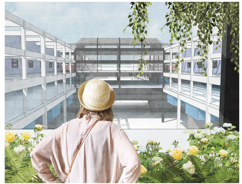 Courtyard view through open corridors with hanging willow branches and a person in straw hat among flowering plants