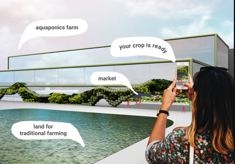 Rendering of a visitor photographing the aquaponics greenhouse and market building from across a reflecting pool