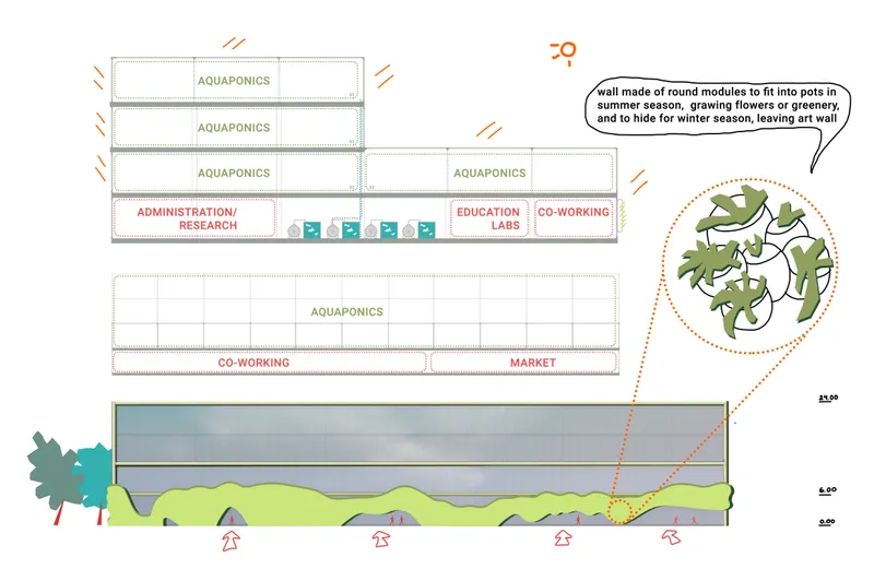 Section drawing through aquaponics halls, administration areas and market space showing program distribution and landscape levels