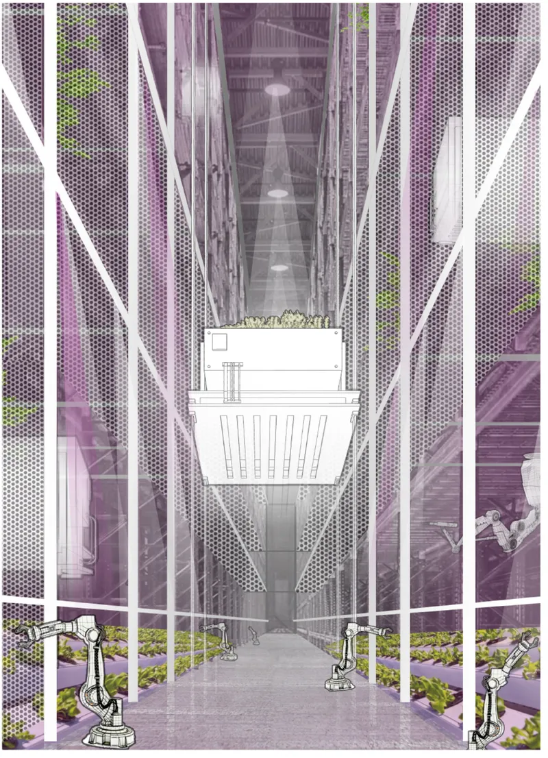 Section drawing showing the interior vertical farm with perforated mesh screens, grow beds, and robotic harvesting systems