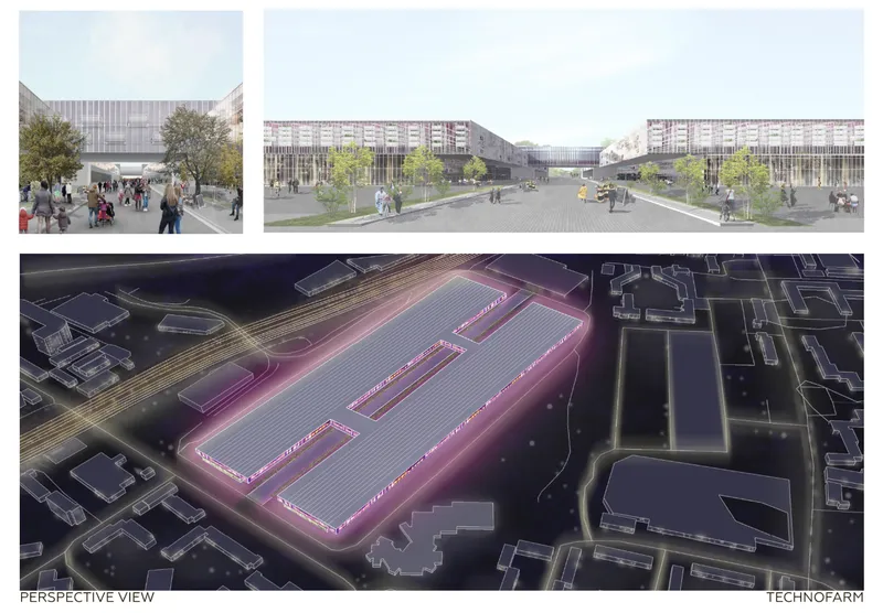Rendering compilation showing entrance plaza with pedestrians, street view with trees, and night aerial view with illuminated greenhouse roof