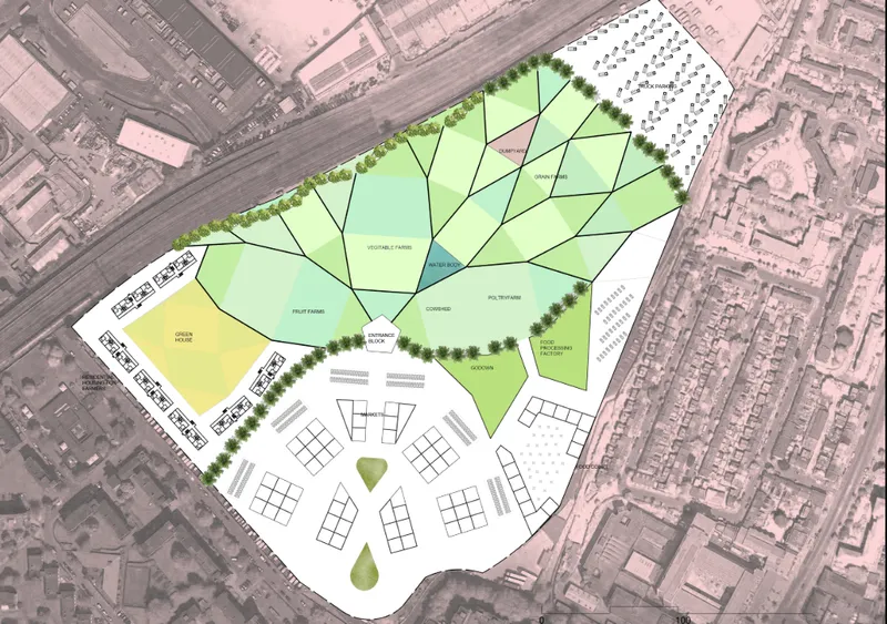 Site plan drawing overlaid on aerial photograph showing farm zones and market areas