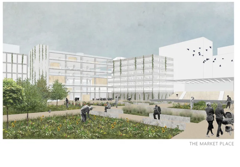 Rendering of a market plaza with raised planting beds, flowering groundcover, and residents gathering beneath a white building facade