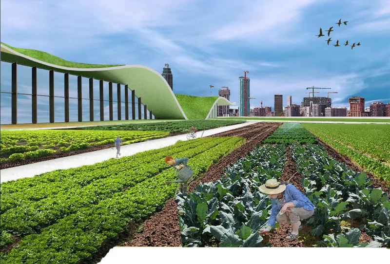 Vegetable rows and workers tending crops beneath the folded green roof with distant city skyline and flying birds