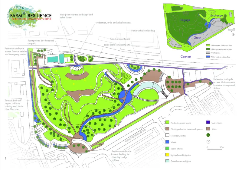 Site plan drawing showing green productive spaces, water features, and pedestrian routes through a wedge-shaped urban farm