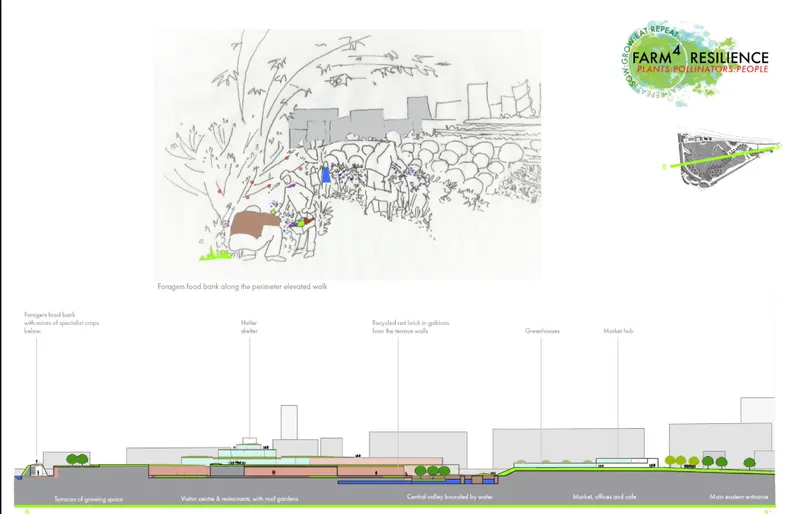 Section drawing through the site with sketch vignette above depicting people gathering along the elevated walkway