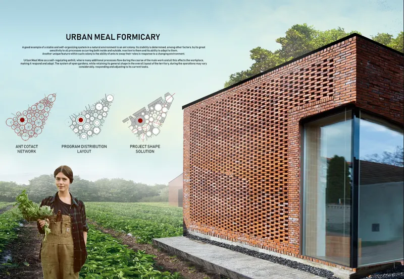 Perforated brick facade volume beside large glazed opening with a farmer standing in a vegetable field