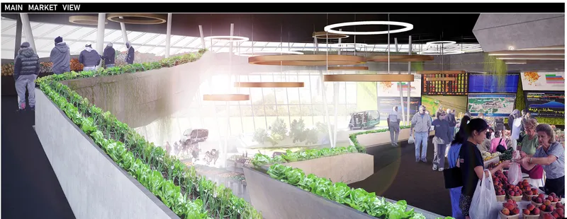 Interior rendering of multi-level market space with terraced planters and people shopping beneath suspended walkways