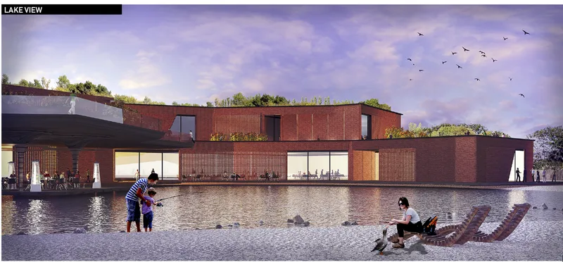 Lakeside elevation rendering of horizontal brick volumes with planted roofs and visitors by the water at dusk