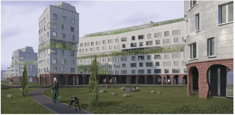 Rendering of a residential complex with green roofs, brick archways and people on the lawn