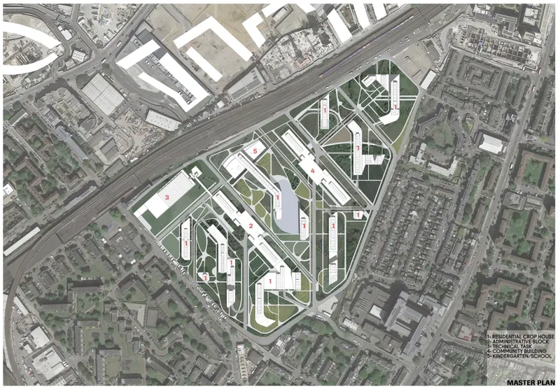 Aerial site plan showing residential blocks with green courtyards arranged along an existing urban grid