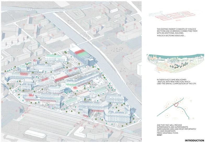 Axonometric drawing illustrating a mixed-use neighborhood with housing blocks and interwoven public spaces