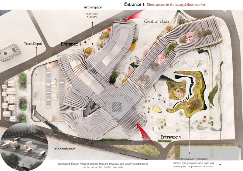 Site plan drawing showing the three entrance points and central plaza with landscaped water feature