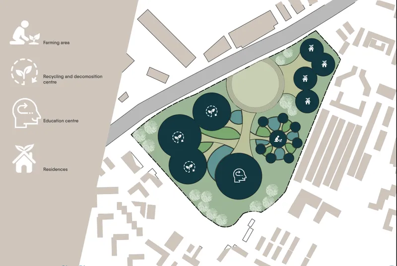 Site plan drawing showing circular volumes distributed across a triangular plot with green space and surrounding urban context