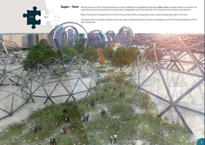 Aerial rendering of a pedestrian pathway with triangulated steel frame structures and spherical greenhouse modules beyond