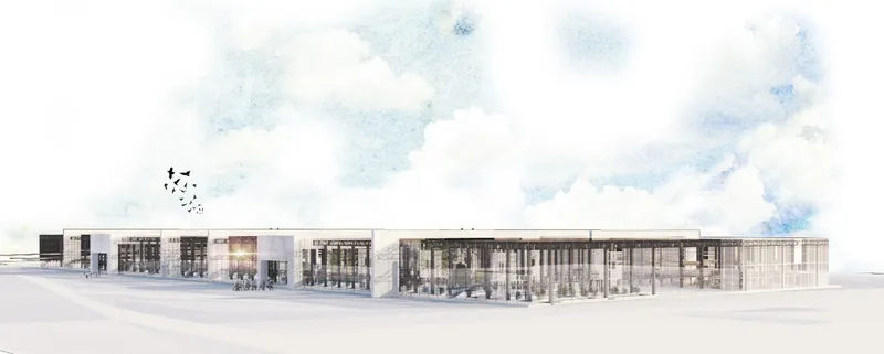 Elevation drawing showing a low horizontal building with vertical timber louvers beneath a watercolor sky
