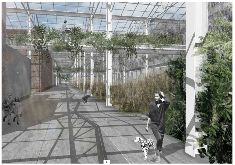 Rendered interior view showing people and a dog among planted beds under a glazed roof