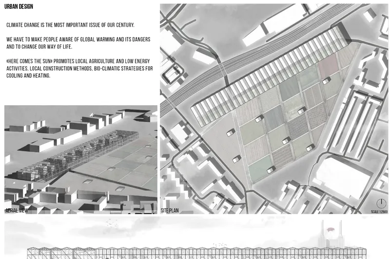 Site plan drawing showing a linear greenhouse structure with sawtooth roof among surrounding urban blocks