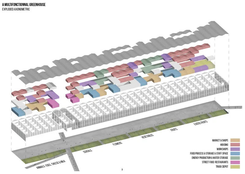 Exploded axonometric drawing revealing programmatic zones beneath a sawtooth roof and structural grid