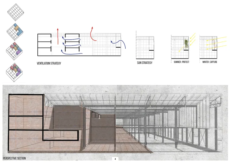 Perspective section drawing illustrating natural ventilation and solar strategies through the greenhouse structure