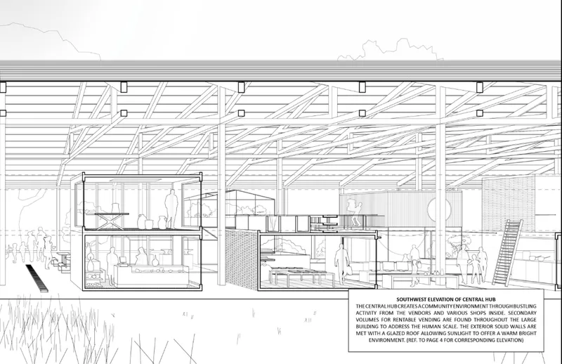 Section drawing showing central hub with exposed timber structure and vending spaces beneath glazed roof
