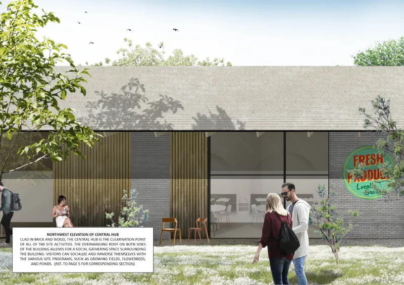 Rendering of brick and timber facade with vertical slats and pedestrians walking along planted edge
