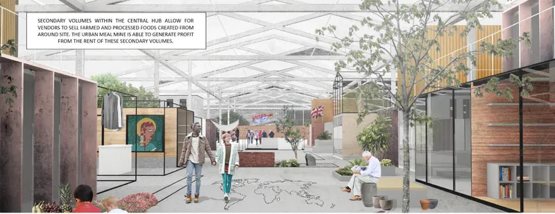Interior rendering of covered market hall with vendor stalls, planted trees and pedestrians under glazed canopy