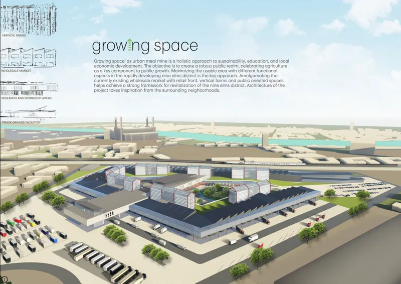 Aerial rendering of a pentagonal market complex with internal courtyards and rooftop green spaces
