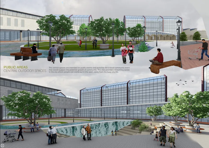 Public plaza rendering with pedestrians gathering beneath mature trees and arched greenhouse roofs