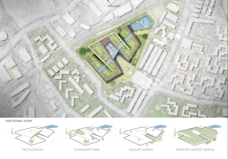 Site plan showing a pentagonal building with green roofs and water feature surrounded by neighborhood blocks