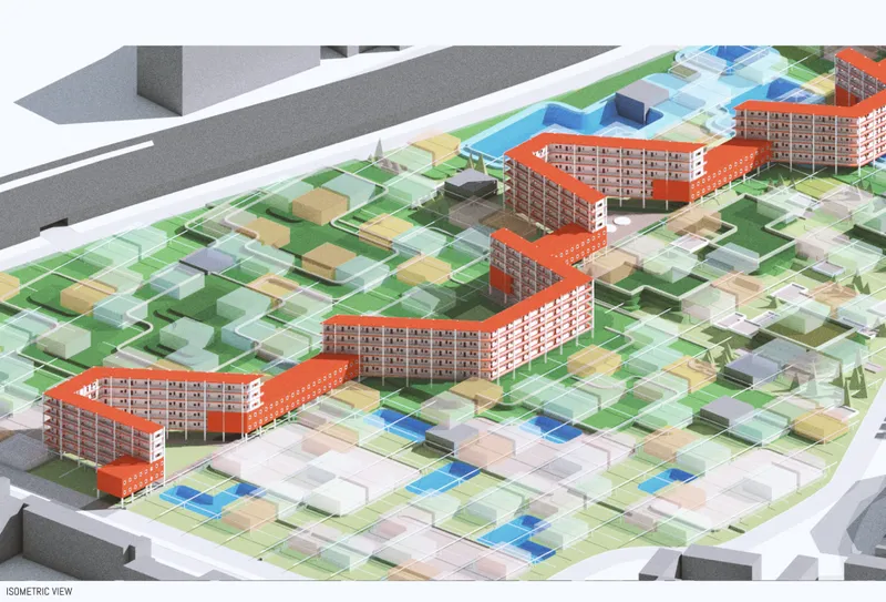 Isometric drawing showing residential bars with orange roofs arranged in a zigzag pattern across a green pixelated landscape