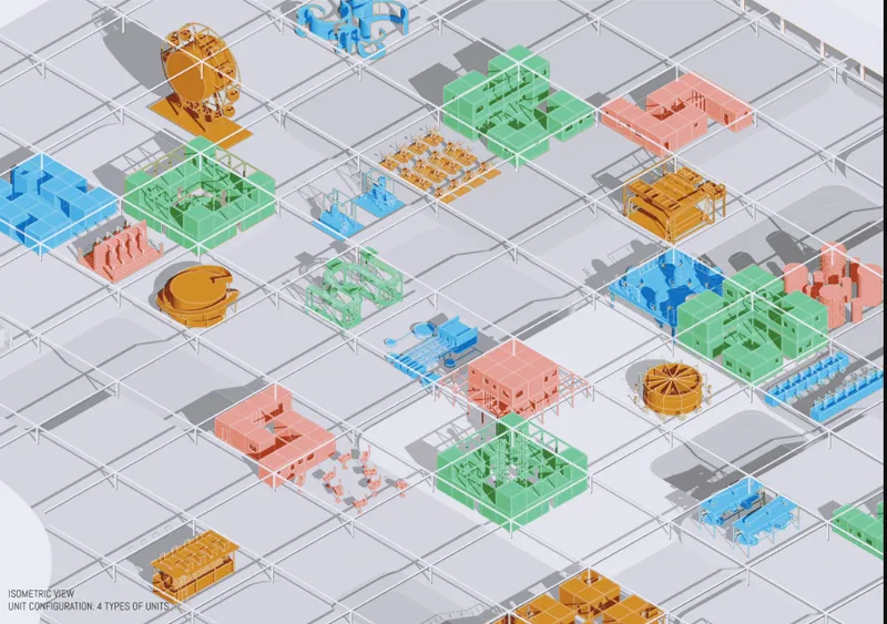 Isometric drawing of a modular grid with color-coded unit types in orange, green, blue, and pink