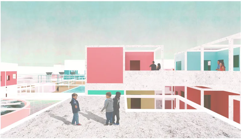 Rendering of figures standing on a white terrace among pink and turquoise cubic volumes under a pale sky