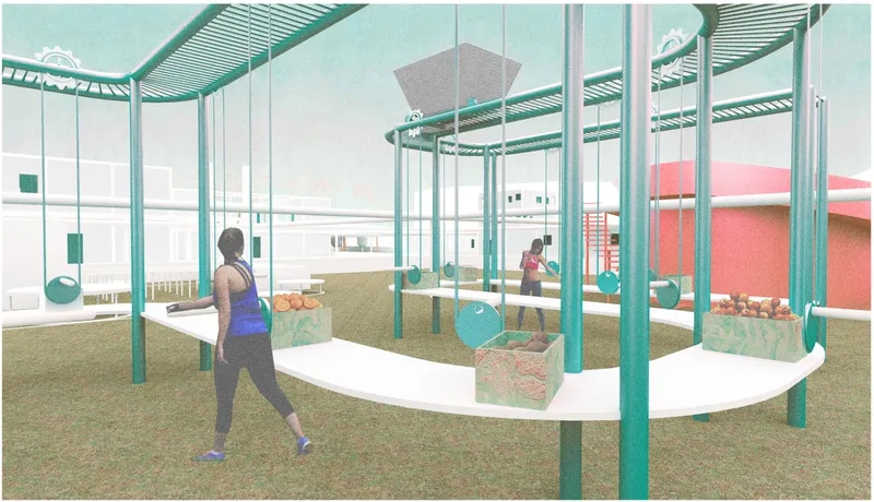 Interior rendering of a covered exercise structure with green steel columns and a canopy roof