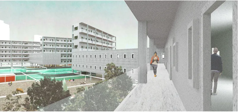 Rendering of a covered walkway with concrete columns overlooking a residential block and planted courtyards